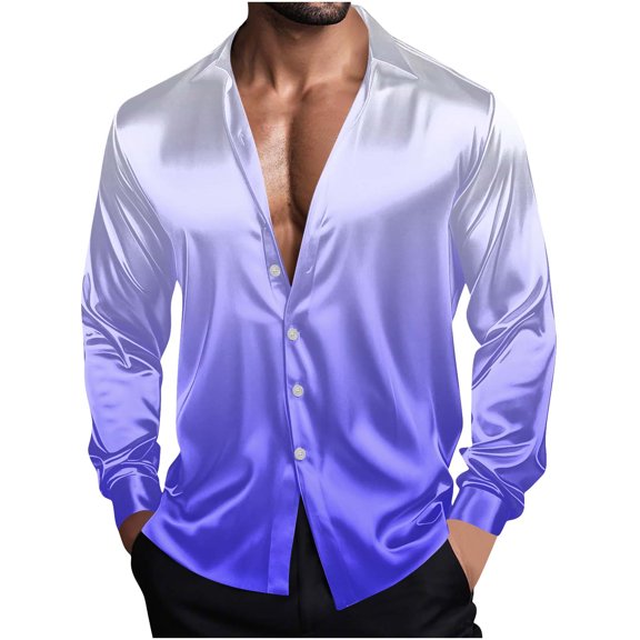 Wdfiry Men's Shirts Silk Satin Turn-down Collar Button Shirts Plus Size Gradient Color Casual Long Sleeve Tops
