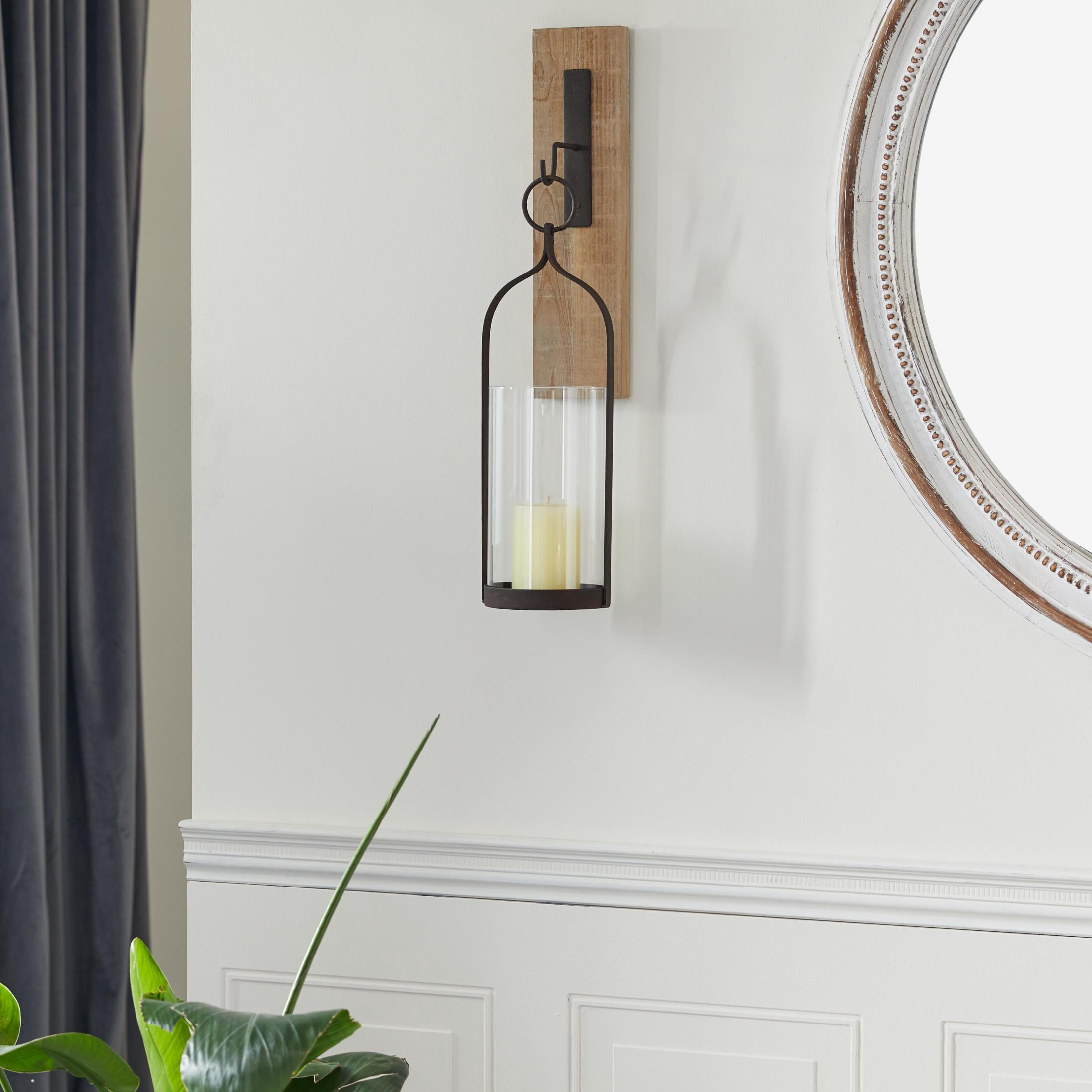 DecMode Brown Wood Abstract Wall Sconce with Suspended Black Metal and Glass Holder
