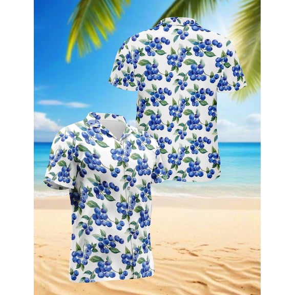 Blueberry Pattern Hawaiian Shirt for Men, Vintage Style, Button Down Summer Beach Short Sleeve, S-5XL