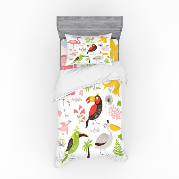 Birds Duvet Cover Set, Tropical Themed Exotic Birds Alluring Keel