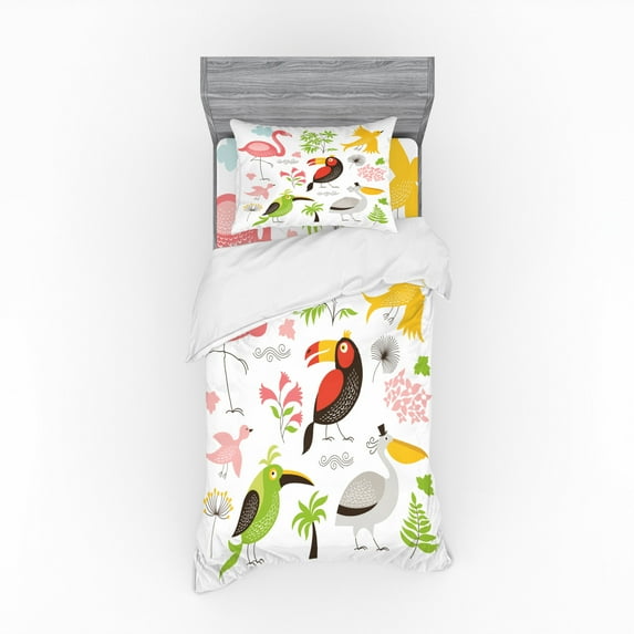 Ambesonne Birds Bedding Set 3 Pcs, Flamingo and Pelican, Twin XL, Multicolor