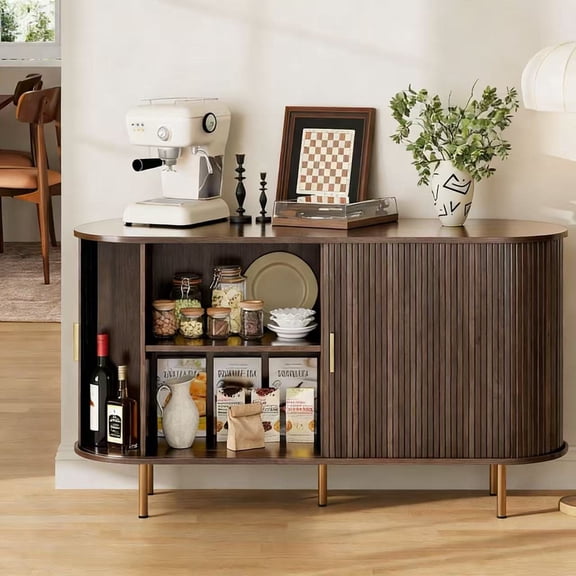 Aisword Sideboard Buffet Cabinet with Storage,Mid Century Modern Fluted Accent Coffee Bar Console Table,Tambour Sliding Doors& Adjustable Shelf for Kitchen, Living Room, Entryway, 55 Inch Dark Walnut