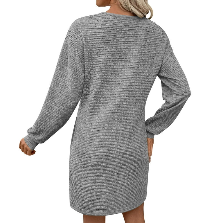 Mini Dress for Women Long Sleeve V Neck Solid Color Pullover A Line  Sweatshirt Dress with Pockets Gray L - Walmart.com