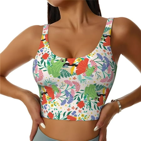 Jgfou Mushroom and Frogs Print Womens Sports Bra - Padded Workout Sports Bras Crop Tank Top