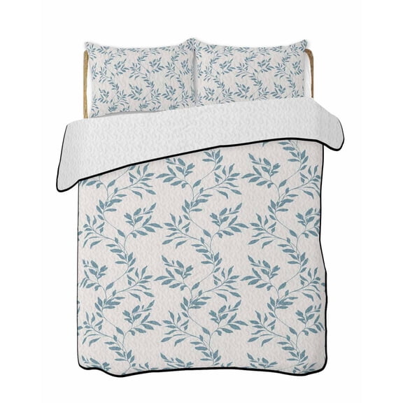 Twin Quilt Bedding Set, Blue Leaves Reversible Summer Quilt 3 Pieces, Modern Minimalist Leaf Botanical Vintage Lightweight Bedspreads Coverlets with 2 Pillow Shams for All Seasons