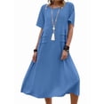 thumbnail image 3 of Womens Loose Fit Casual Linen Blend Solid Color Round Neck Short Sleeve Midi Dress Beach Royal Blue XXL, 3 of 9