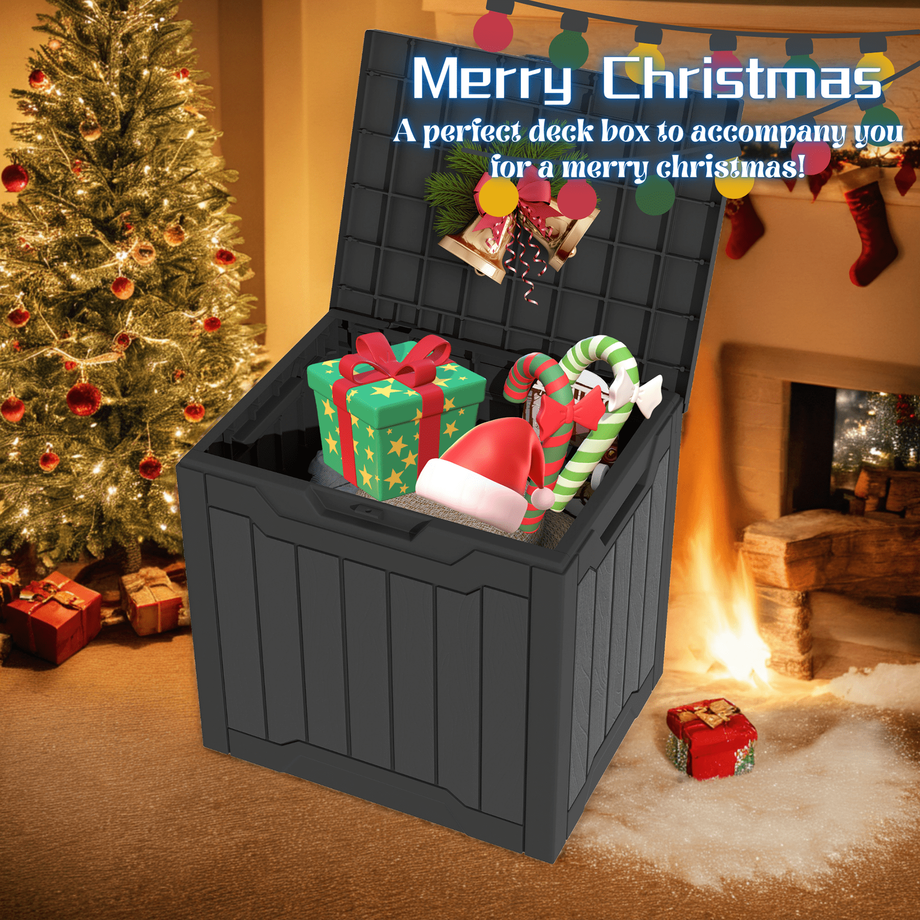 Uforic 31 Gallon Resin Outdoor Deck Box, Weatherproof, Lockable Lid, Side Handles, Black