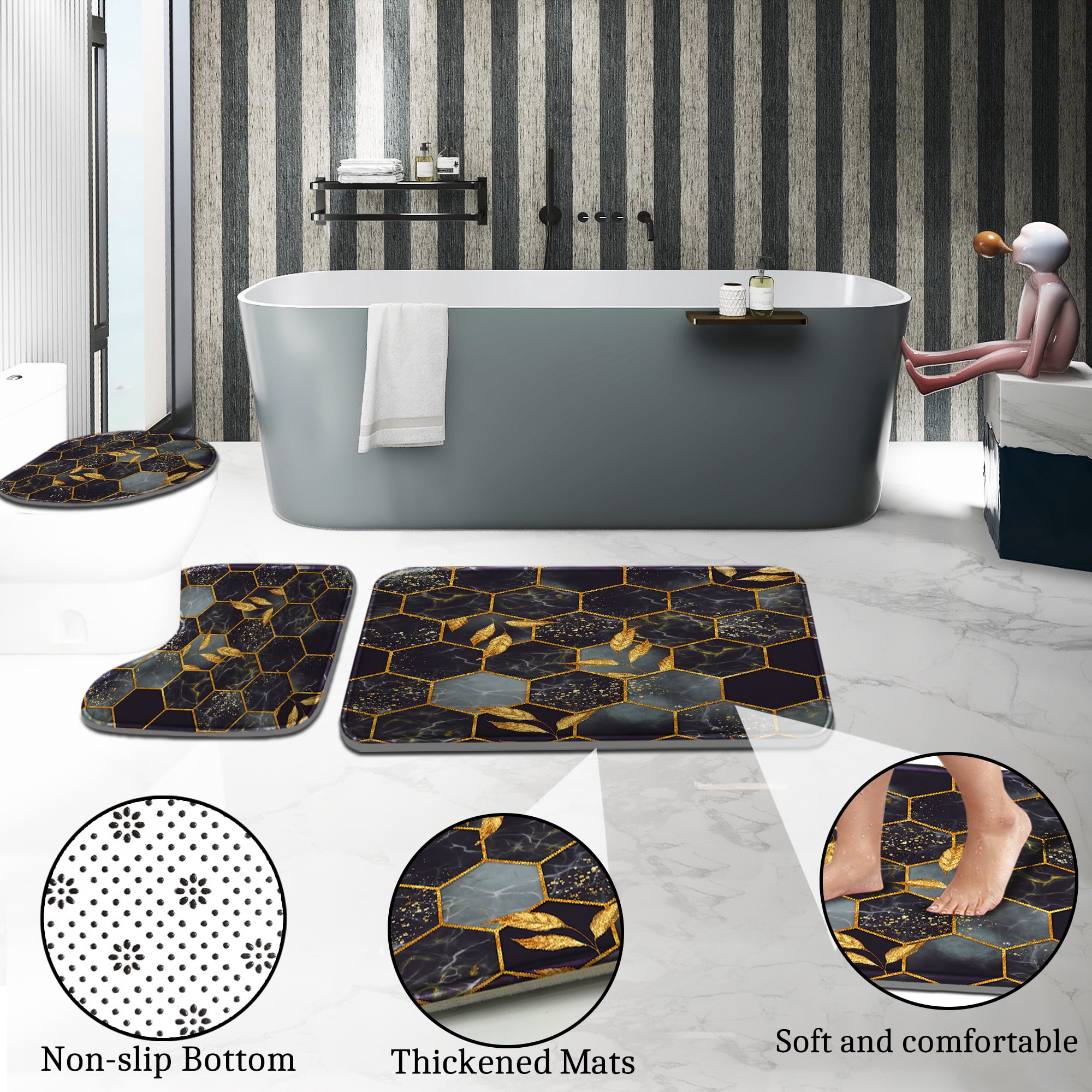 Poedist 4Pcs Marble Bathroom Sets with Shower Curtain and Rugs, Marble Shower Curtain Set with Non-Slip Rugs,Toilet Lid Cover,Bath Mat and 12 Hooks,71 x 71 Inch, Black Honeycomb Marble