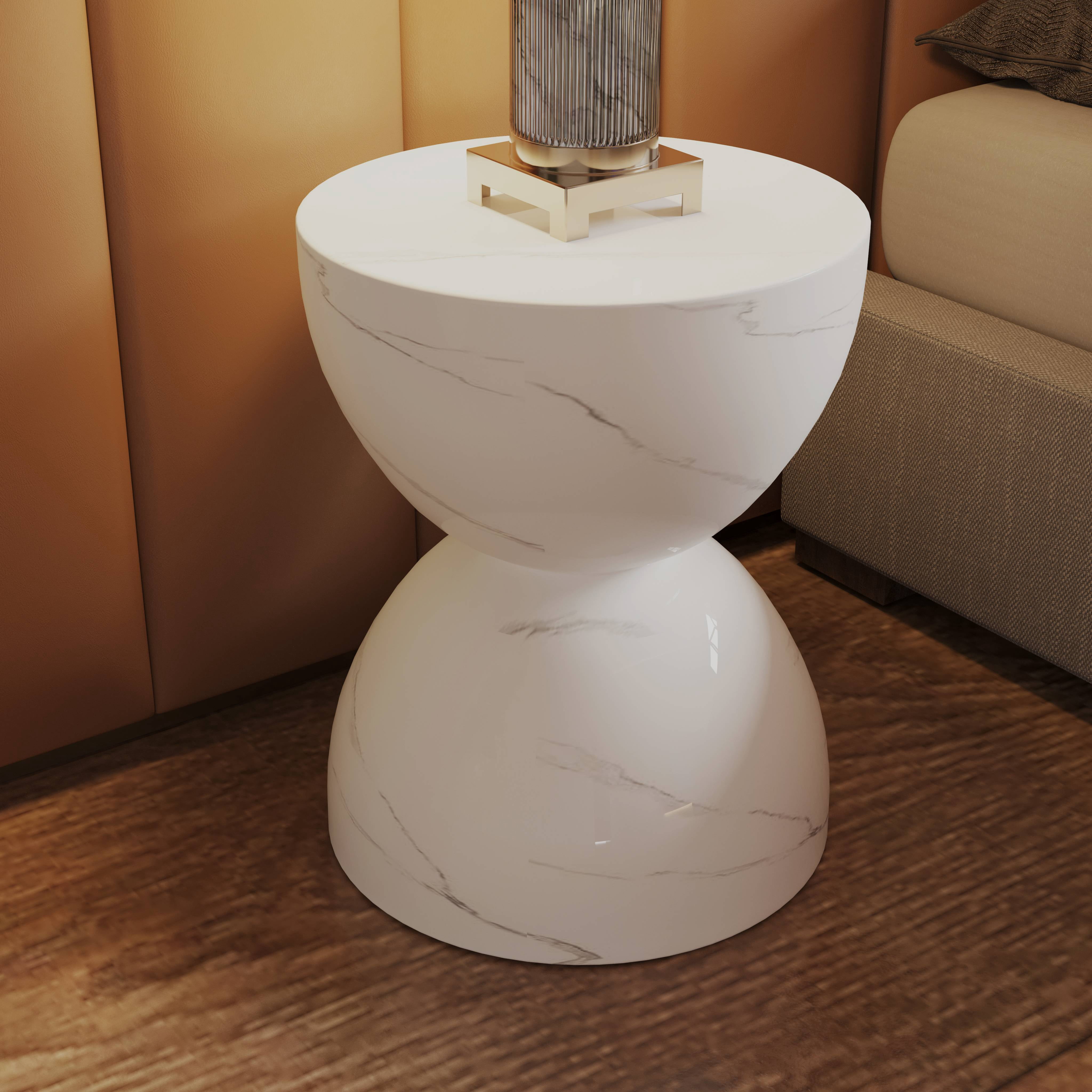 LeisureMod Minimalist Side Table, Fiber stone Round Hourglass Accent End Table Stool for Outdoor Patio, Indoor Home, Living Room Sofa, Weather-Resistant, Sage Series in Marbled White