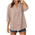 thumbnail image 7 of felwors Cotton 3/4 Sleeve Button Down Shirts for Women Gingham Plaid Striped Tops V Neck Casual Loose Blouse (Brown, XXL), 7 of 7