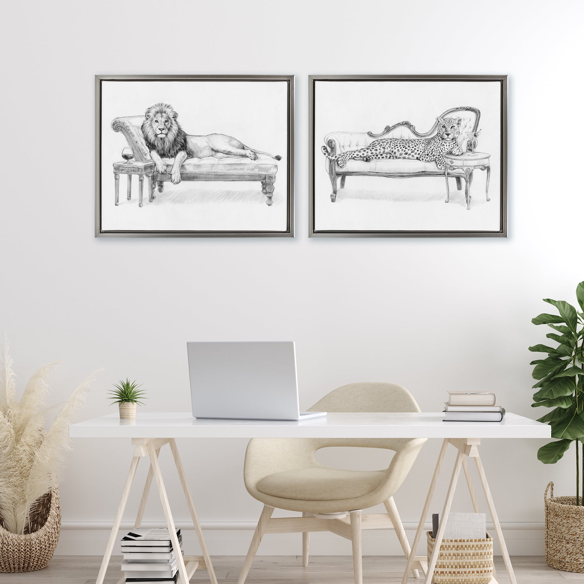 Stupell Industries Lounging Beasts Wildlife 2 Piece Gray Framed Floater Canvas Set, design by Victoria Barnes