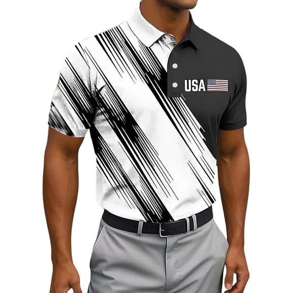 XIAOCHA USA Flag Stripe Print Polo Shirt For Men Lapel Short Sleeve Sport Golf Top