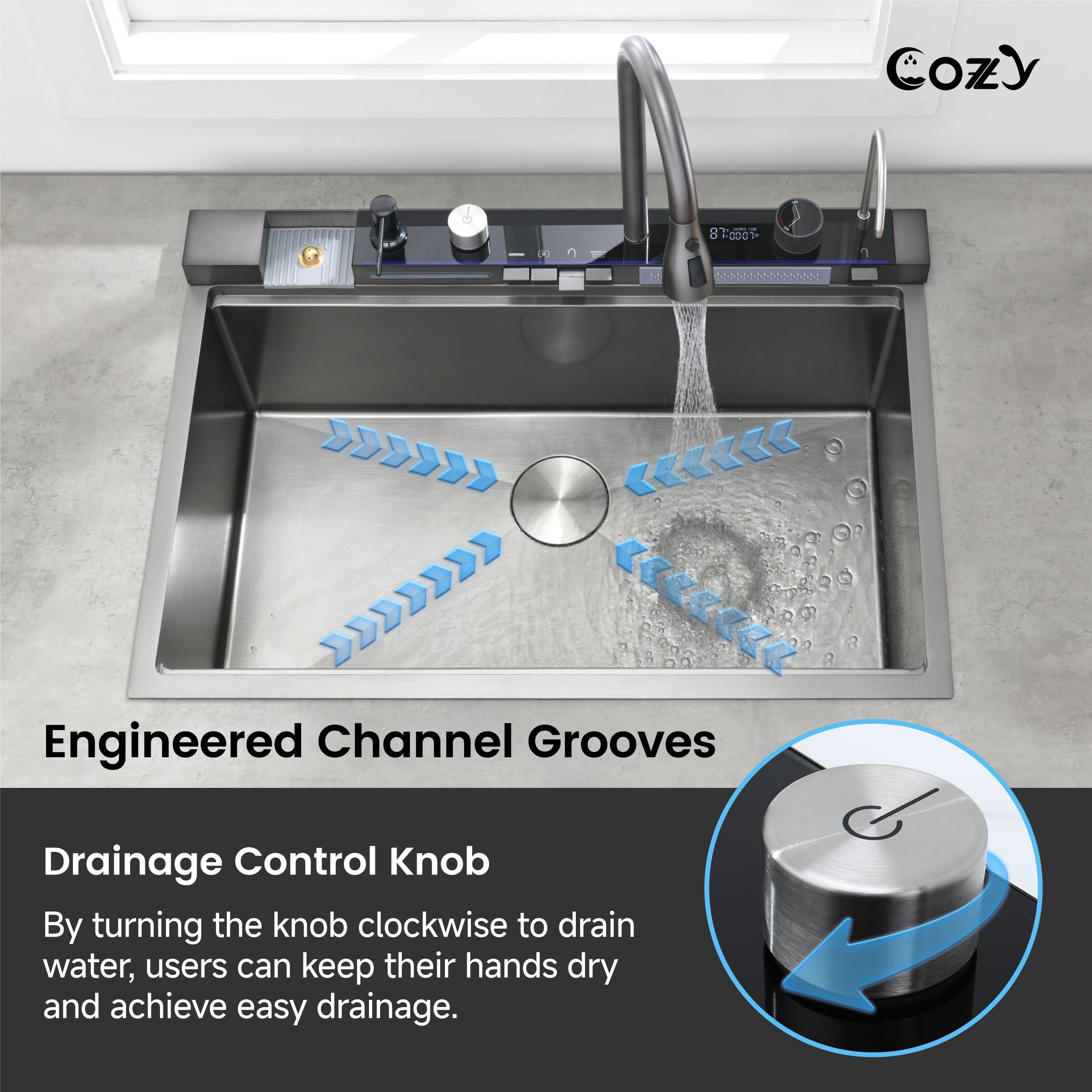 Rainfall Sink Kitchen 304 Stainless Steel Sink Kitchen Manual Waterfall Black Sink Faucet - View #11