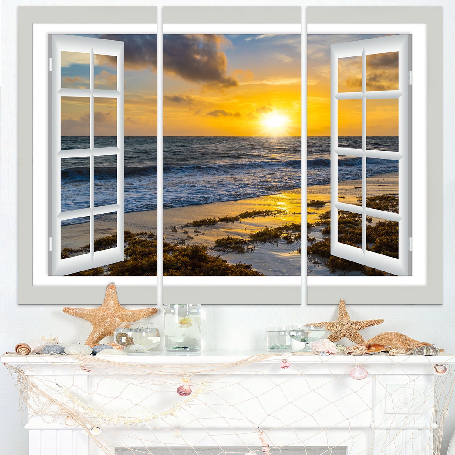 Designart 'Open Window to Bright Yellow Sunset ' Modern Seascape Canvas Artwork