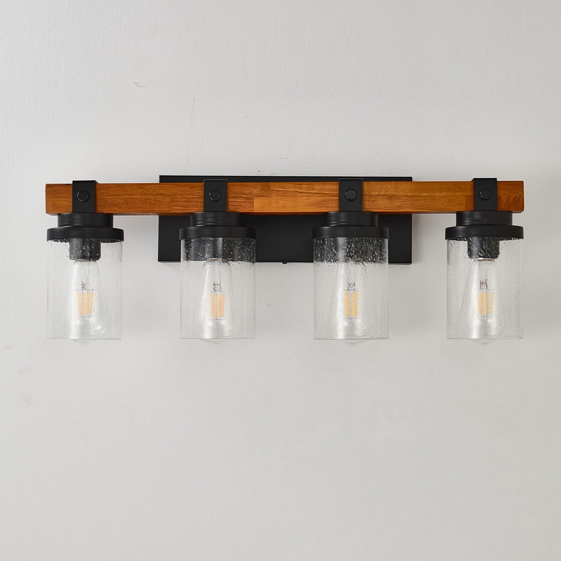 TICOZE 4-Light Matte Black and Wooden Wall Lamps with Glass Shade Vanity Lighting Fixtures for Dining Room Hallway Bedroom (Bulbs Not Included)
