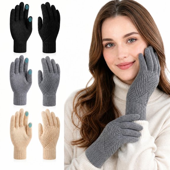Bocaoying 3 Pairs Winter Touch Screen Gloves, Brushed Lining Elastic Thermal Warm Gloves for Men Women, Thick Soft Knit Gloves for Skiing Cycling Daily Outdoor Activities in Cold Weather