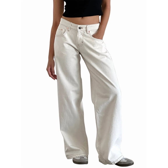 Women Y2k Low Rise Baggy Jeans Loose Fit Boyfriend Straight Wide Leg Jeans Trendy Stretch Long Denim Pants White XS