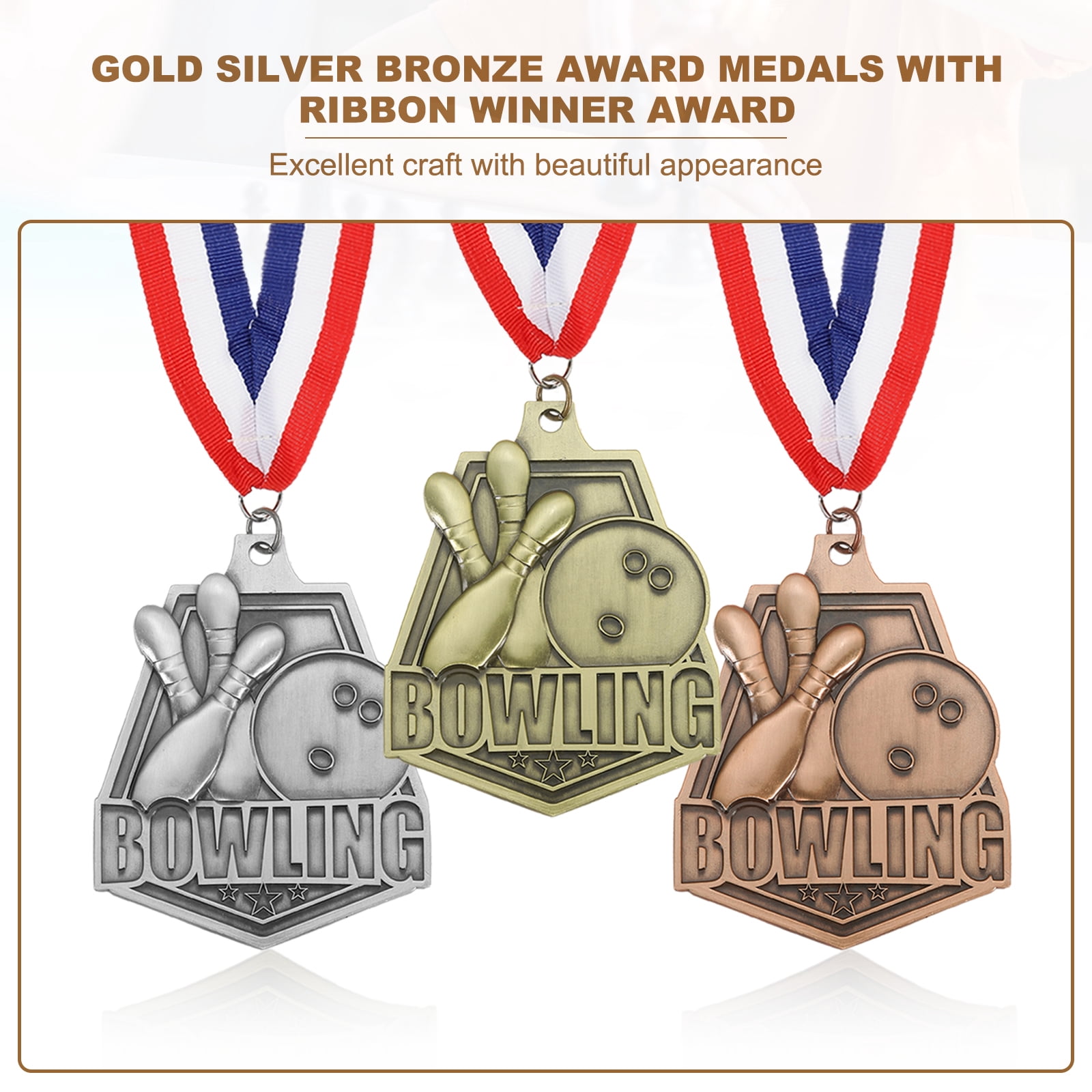 Uxcell Bowling Games Embossing Gold Silver Bronze Award Medals with Red & White & Blue Ribbons, 9 Pcs Winner Medals Prizes for Competitions Sports Party, Gold/Silver/Red