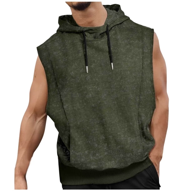Camiseta con Capucha Casual de Color Sólido de los Hombres, Blusa sin Mangas con Cordón Deportivo para Gimnasio Y Desgaste Al Aire Libre, Top Atlético Transpirable, Sudadera Ligera