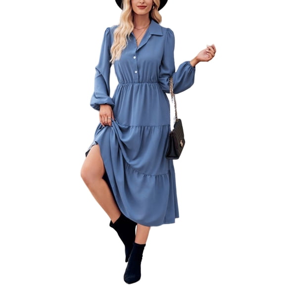 Collared Button Front Tiered Dress for Women Mid-Calf Length Blue Small
