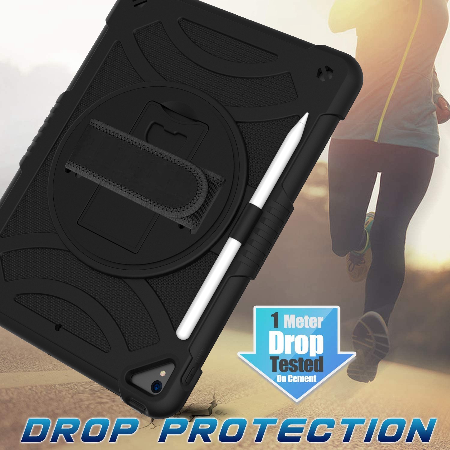 For Apple iPad 9th /8th /7th Gen 10.2 inch 3-in-1 Tough Hybrid Shockproof Protector Silicone TPU with Pencil Holder, Kickstand, Hand & Shoulder Strap Case Cover [Black]