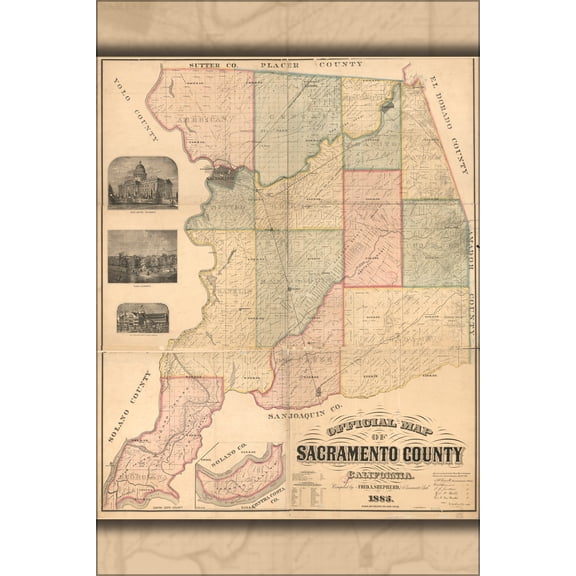 24"x36" Gallery Poster, Official map of Sacramento County California 1885