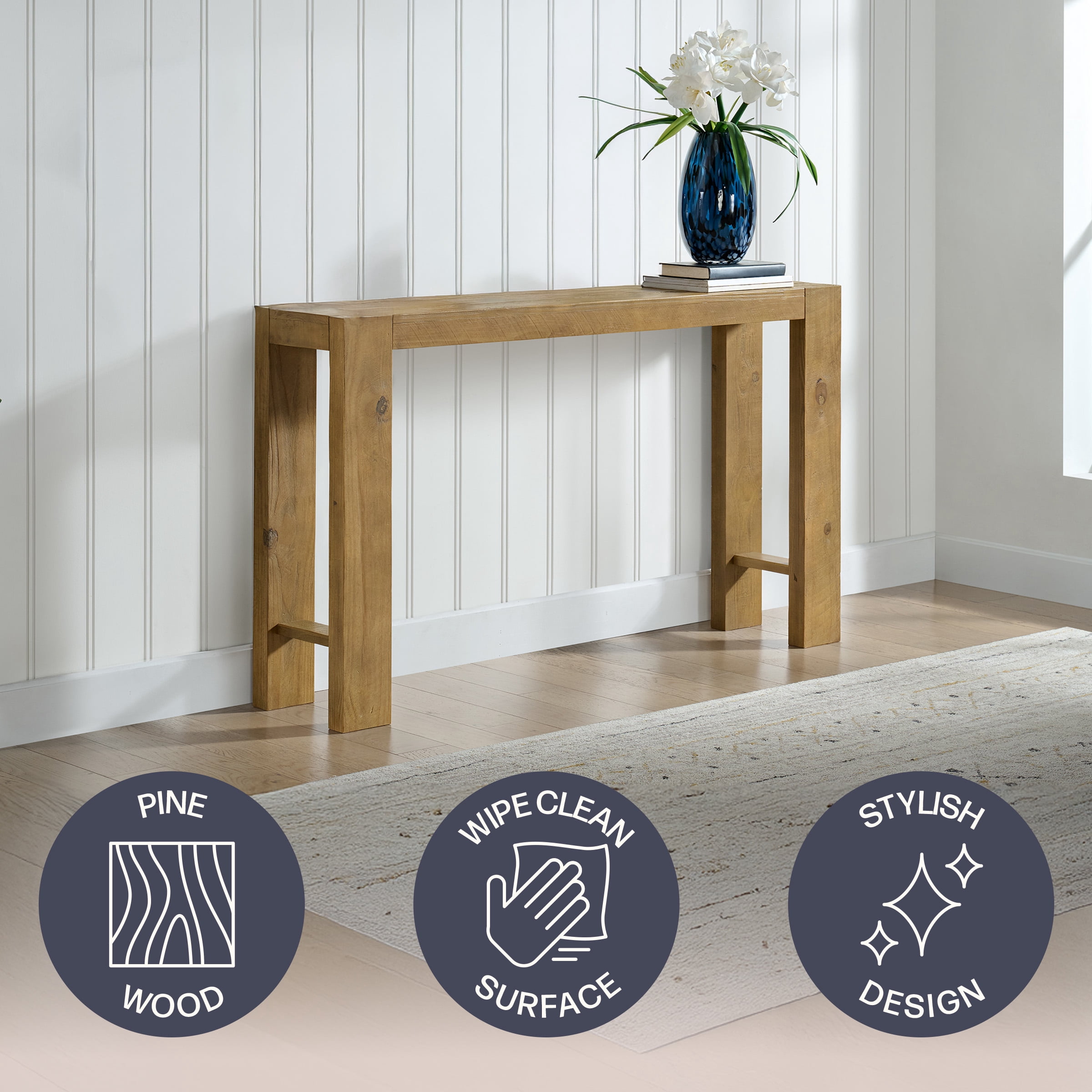Alaterre Furniture Classic Solid Wood Console Table - 56in Modern Farmhouse Entryway Table, Oak