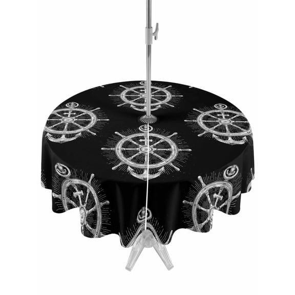 Outdoor Tablecloth with Umbrella Hole for Patio/Picnic/Party/Camping, Nautical Anchor Waterproof Table Cloth Round Cover Washable, Coastal Ocean Sea Textured Black (Dia 54")