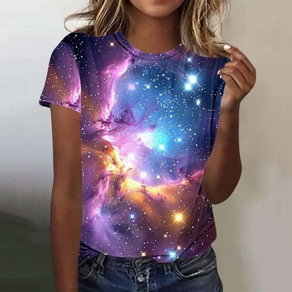 Eiyaclvo Women's Short Sleeve Shirts 3D Glitter Graphic Tees Plus Size Round Neck T Shirts Novelty Neon Shirts Fashion Glitter Printed T Shirts