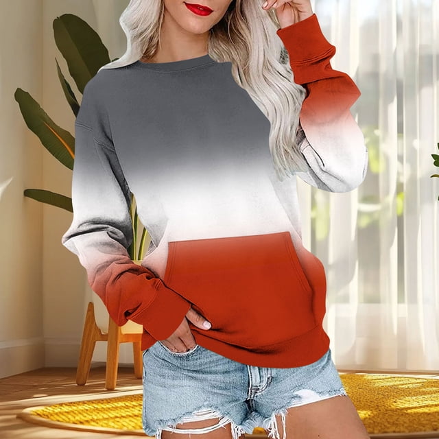 BLCHUNen Chandails en Molleton pour Femmes Mode Dégradé Couleur Manches Longues Col Rond Chandail Décontracté Extérieur Blouses Automne
