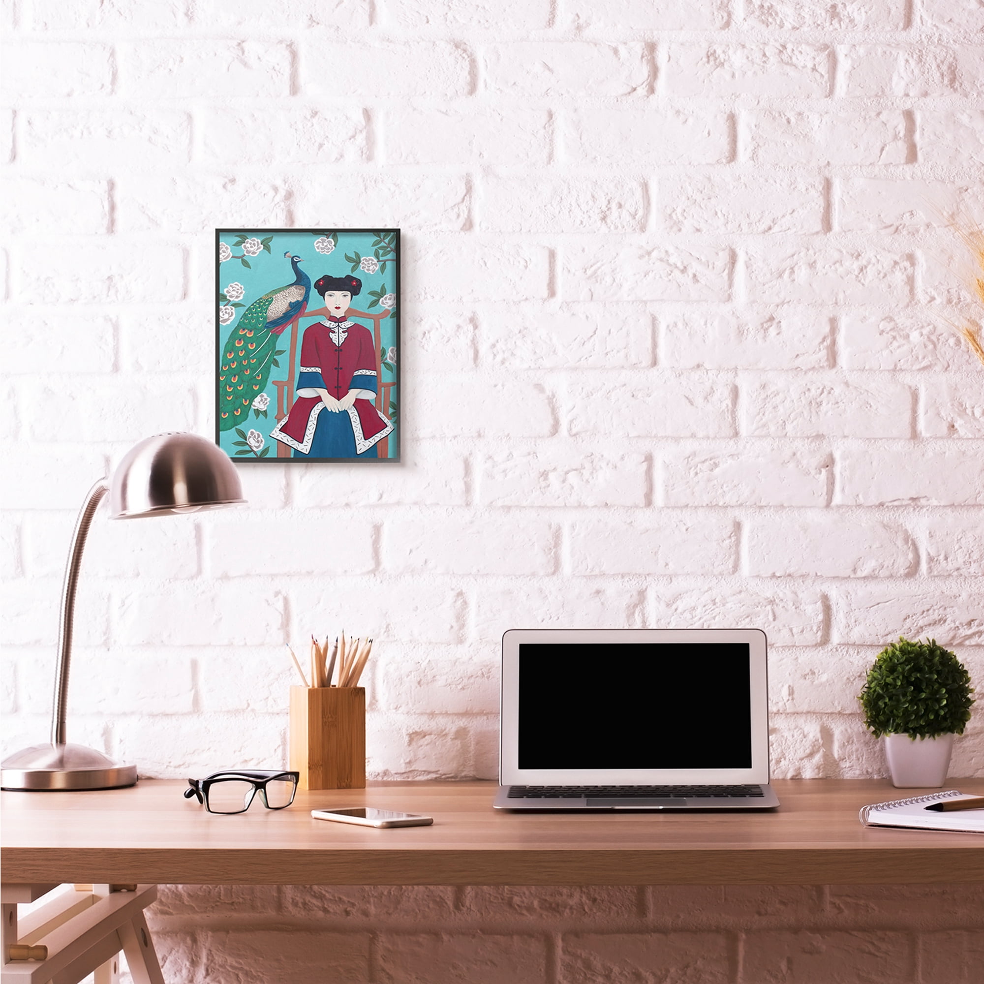 Stupell Industries Chinese Woman And Peacock Flower Pattern Blue Red Painting Black Framed Art Print Wall Art, 11x14, by Sally B