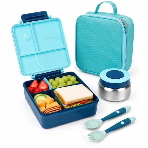 PoppiKids, Bento Lunch Box Set with Thermos Food Jar, 4 Section Lunch Container, Insulated Multi Section Lunch Bag, Cutlery, Leak Proof, BPA Free, Blue