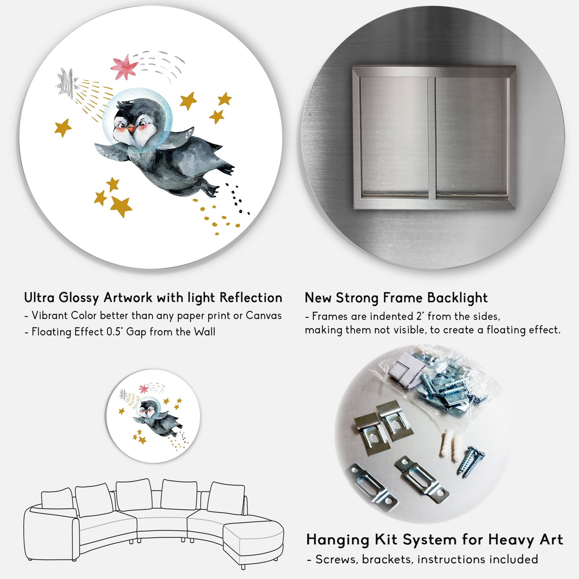 Designart 'Little Penguin Flying Planets and Stars I' Farmhouse Circle Metal Wall Art 23x23 - Disc of 23