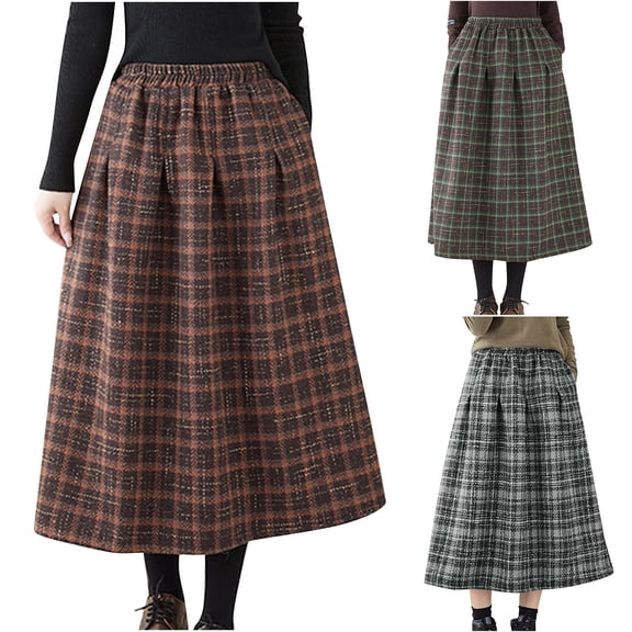 FRSASU Long Plaid Wool Skirt for Womens Fall Winter Warm High Elastic Waist A line Flared Pleated Wool Tartan Skirts Wine