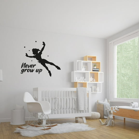 Never Grow Up - Peter Pan Disney Movie Quote Peter Pan Arms Wide Open Silhouette Quote Vinyl Wall Art Wall Decal Wall Sticker Home Decoration Design Kids Girls Room Wall Décor Size (40x40 inch)