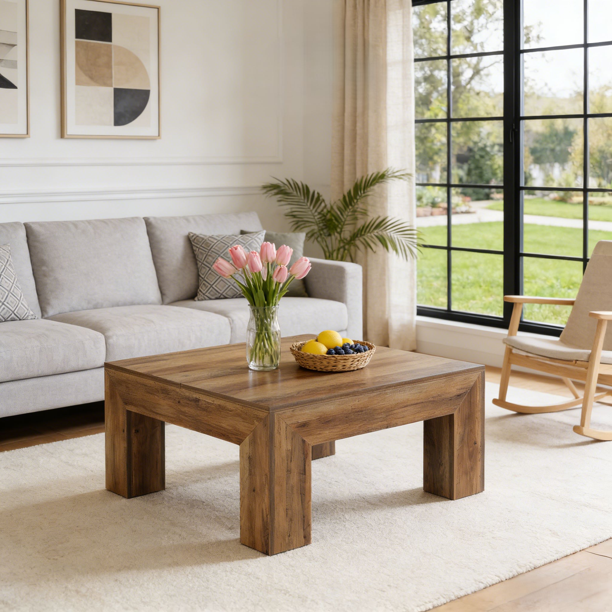 Fnova 39.4" Square Coffee Table, Farmhouse Wood Accent Center Cocktail Table with Sturdy Wooden Legs for Living Room, Easy Assembly