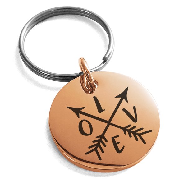 Stainless Steel Love Arrow Compass Engraved Small Medallion Circle Charm Keychain Keyring