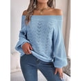 thumbnail image 3 of Crochet Tops for Women Off the Shoulder Sweaters Summer Long Sleeve Hollow Out Knit Beach Clothes Blue L, 3 of 8