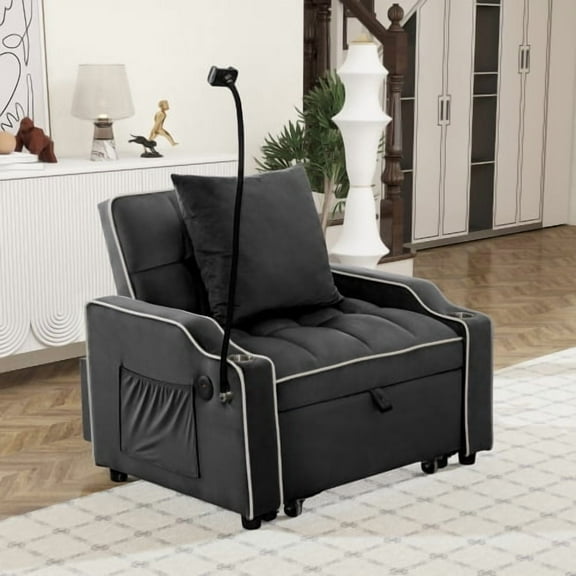 Convertible Single Chair Bed 3 in 1 Velvet Futon Sleeper Sofa with Phone Holder USB Ports, Adjustable Recliner Armchair Pull Out Couch Bed for Living Room Office Small Spaces, Black