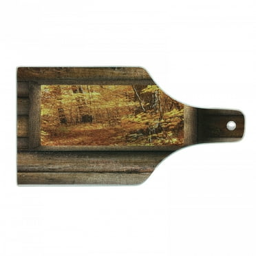 Fall Cutting Board, Fall Foliage View from Square Shaped Wooden Window Inside Cottage Rustic Life Photo, Tempered Glass Cutting and Serving Board, Wine Bottle Shape, Orange Brown, by Ambesonne