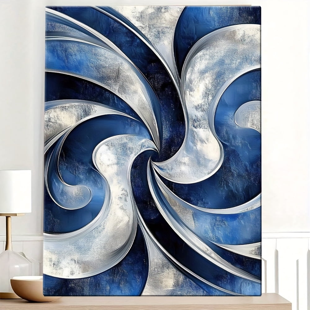 1 Item Abstract Swirls in Blue And Silver Canvas Poster with Wooden Frame - Modern Art Deco Style Wall Decor, Waterproof, Easy to Hang, Suitable for Living Room, Bedroom, Home Office - Unique Gift