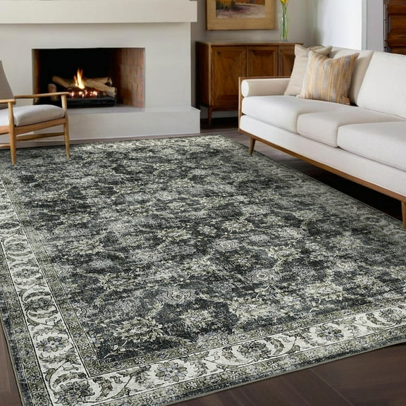 Haperlare 8'x10' Vintage Floral Area Rug Soft Oriental Carpet, Washable Rug Non Slip TPR Backing Low Pile Rugs for Living Room Bedroom Home Office, Gray
