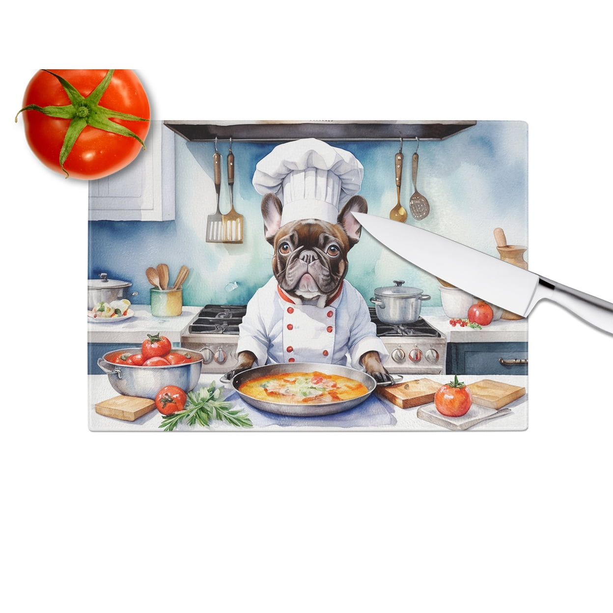 French Bulldog The Chef Glass Cutting Board 12 in x 15 in