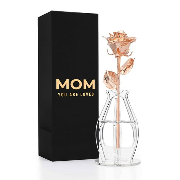 Forever Rose Mom You are Loved Bloom Box Bundle, Genuine One-of-a-Kind, Real Rose Hand Dipped in Rose Gold in a Beautiful Phantom Vase and Bloom Box