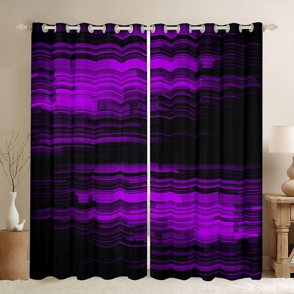 Homewish Geometric Line Pattern Black Out Curtains,Pixel Stripes Pattern Curtains Pack of 2 (42x63 Each),Black Purple Bedroom Curtains For Teens,Luxury Bedroom Decor