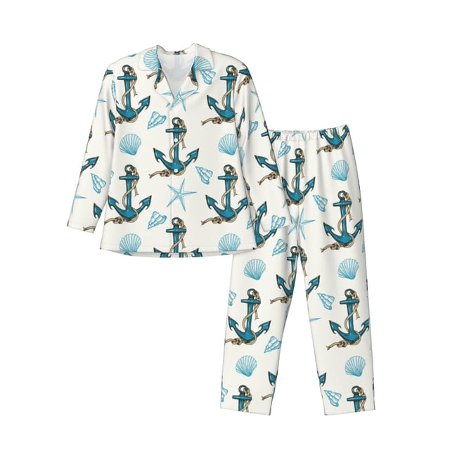 Fotbe Anchors And Shells Pijama de Hombre con Estampado de Manga Larga, Conjunto de 2 Piezas, Ropa de Dormir Suave y Cómoda con Bolsillos-XX-Large