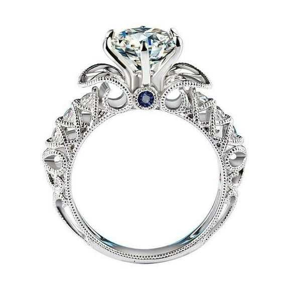 HeartsAndYou 1ct Round Moissanite Solitaire Art Deco Ring Vintage Inspired Milgrain 18k White Gold Over Silver