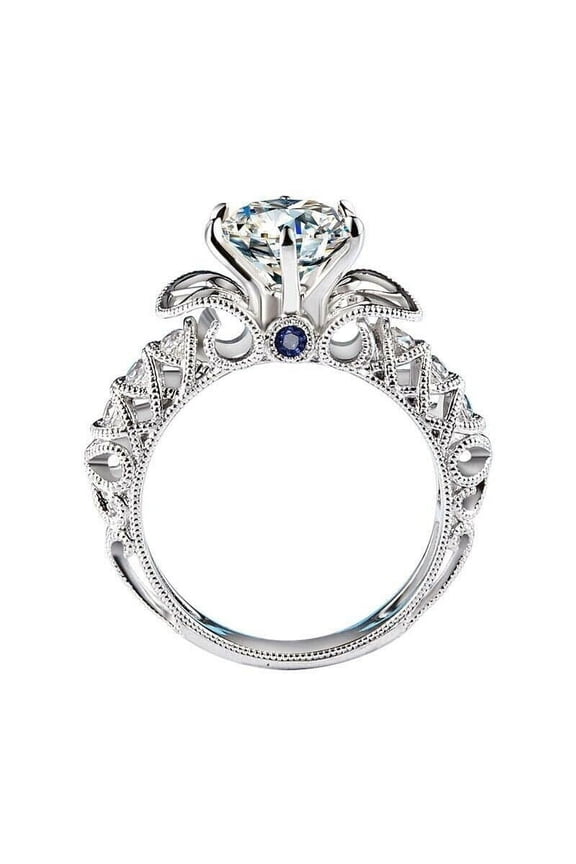 1ct Round Moissanite Solitaire Art Deco Ring Vintage Inspired Milgrain 18k White Gold Over Silver