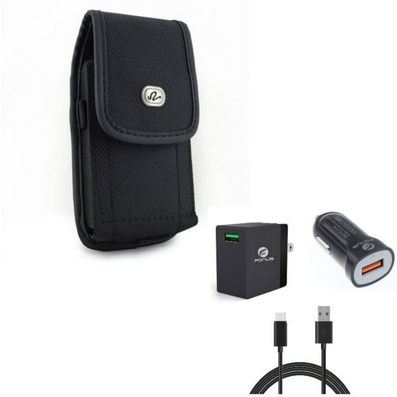 Black Rugged Canvas Side Case w 3-in-1 Adaptive Fast Home Car Charger 6ft Long USB Cable Bundle N8R for Acer Liquid Jade Primo - ASUS ROG Phone, ZenFone AR 4 Pro - Blackberry Motion