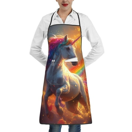 

Qekee Rainbow Sunset Cloud White Horse Print Adjustable Bib Apron Resistant with Pocket Cooking Kitchen Aprons for Women Men Server Chef Apron